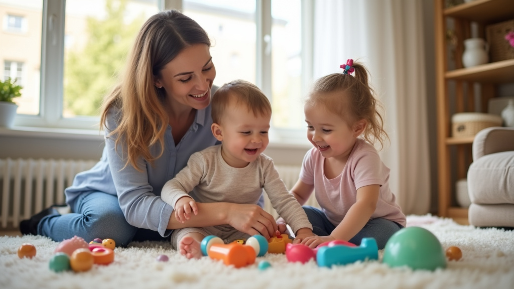 Nounou souriante jouant avec des enfants dans un salon lumineux à Seine-et-Marne