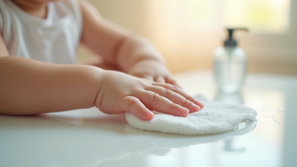 Mère nettoyant délicatement le visage de son bébé avec un coton imbibé d'eau nettoyante