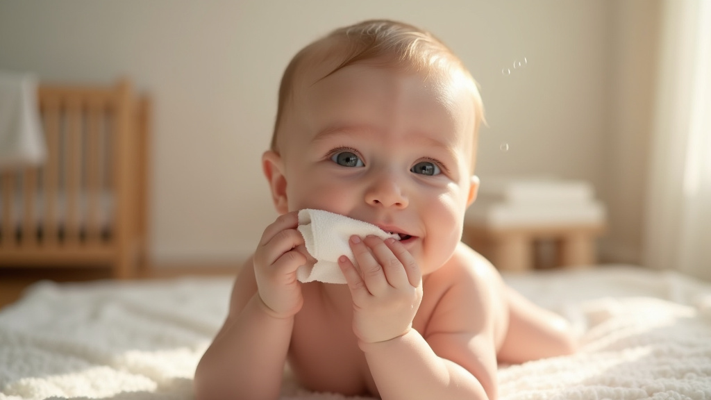 Maman tenant un bébé dans ses bras avec un flacon d'eau nettoyante sur une étagère de produits pour bébé