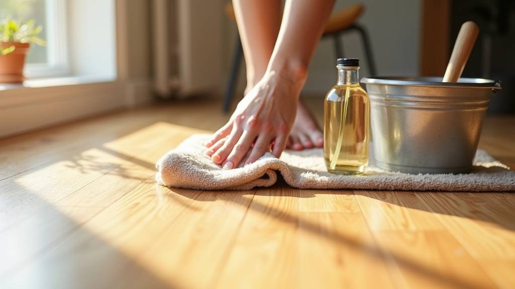 Un gros plan sur une rayure sur un parquet en bois, avec un kit de réparation à côté.