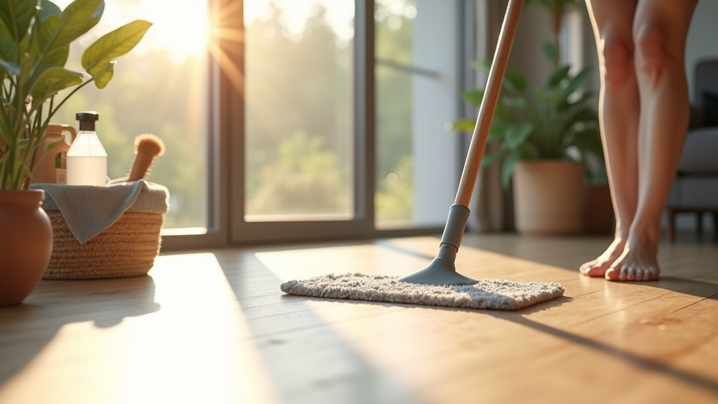 Nettoyage de sol avec serpillère à double seau et produits écologiques