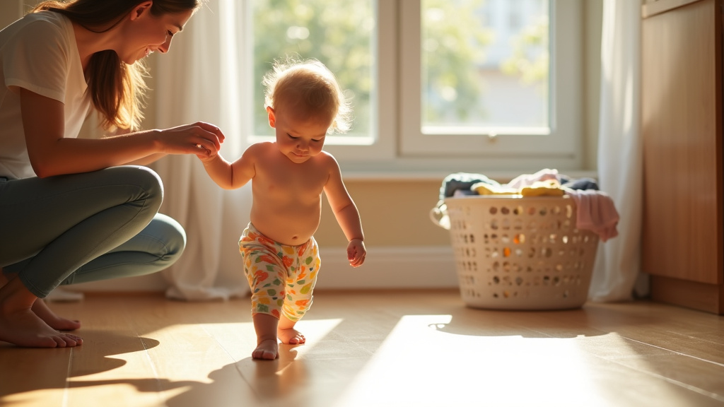 Enfant portant une culotte d'apprentissage colorée avec un pot à proximité