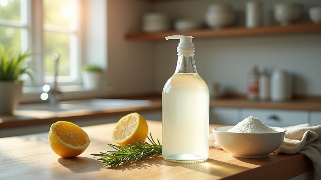 Assortiment d'ingrédients naturels pour fabriquer du liquide vaisselle maison : savon de Marseille, bicarbonate de soude, vinaigre blanc, huiles essentielles