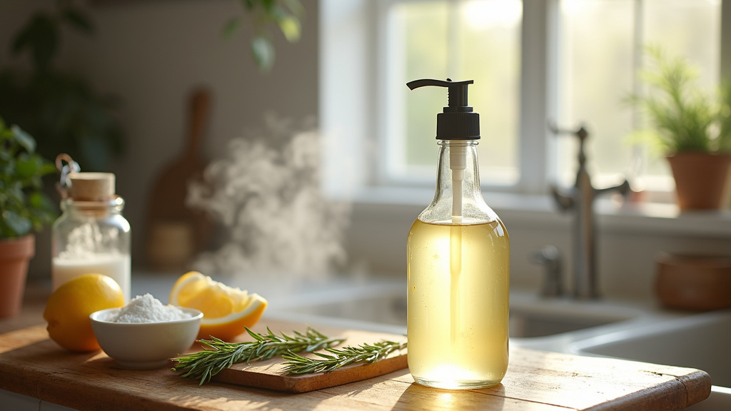 Flacon de liquide vaisselle maison étiqueté, accompagné d'une éponge naturelle et de citrons, sur un plan de travail en bois