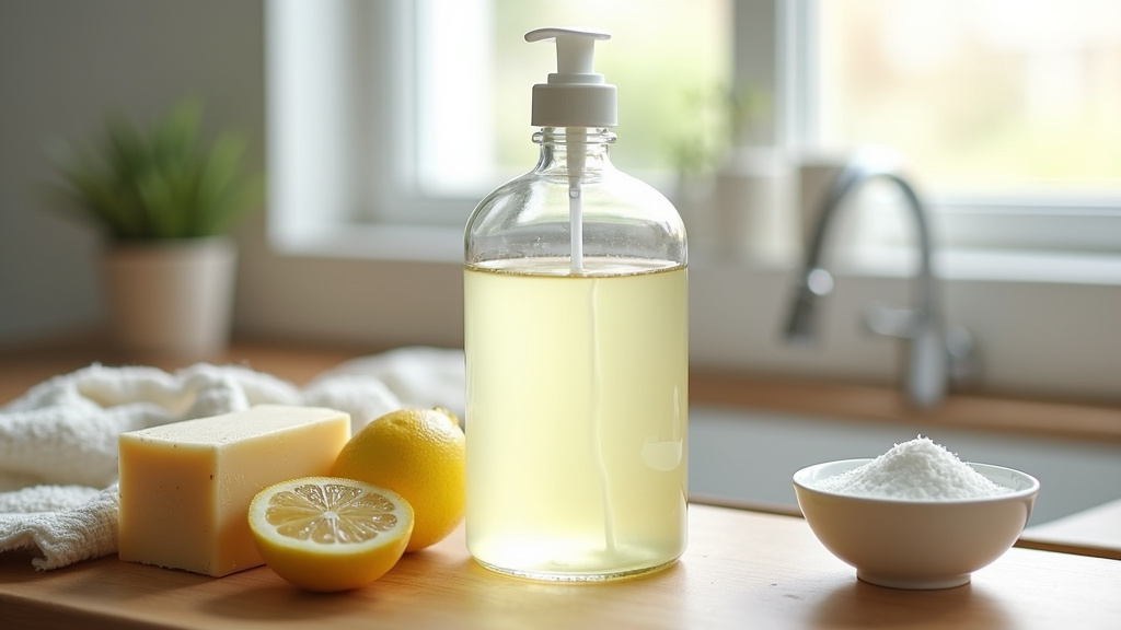 Mains lavant la vaisselle avec un liquide vaisselle maison, dans une cuisine lumineuse et épurée