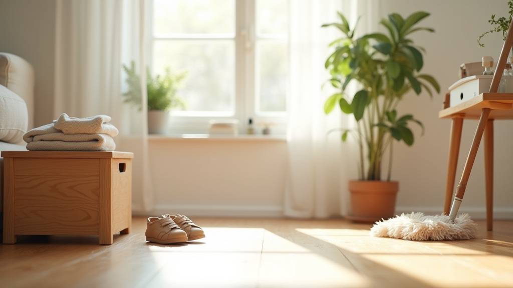Salon organisé avec jouets rangés et surfaces dégagées