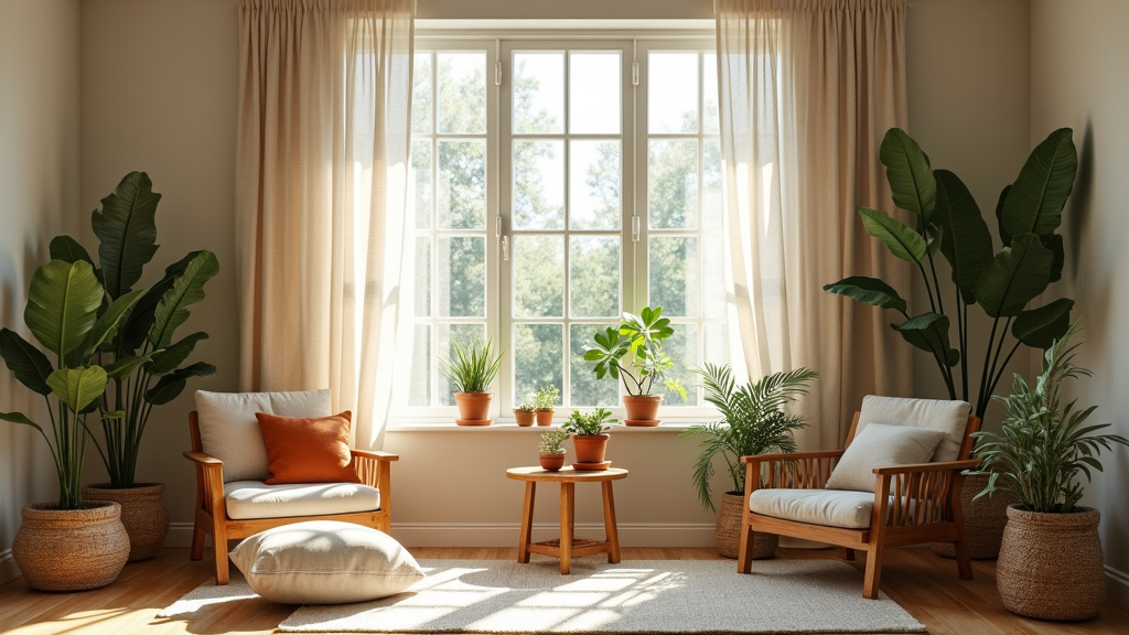 Balcon aménagé en jardin vertical avec meubles en bois et plantes suspendues
