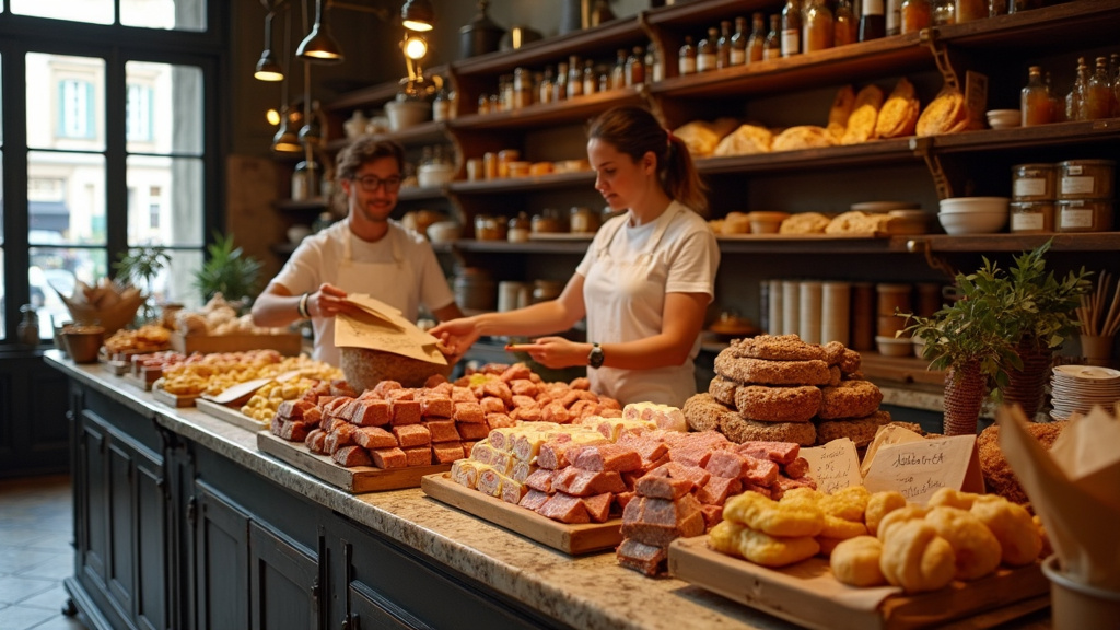 Intérieur de la Maison Pou avec ses rayons de charcuteries artisanales et ses clients s'approvisionnant